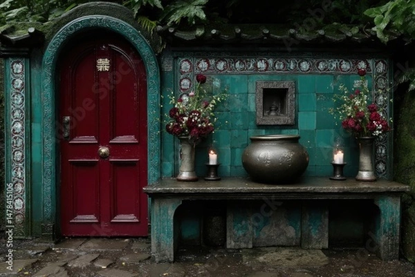 Fototapeta Exterior view of a teal-colored structure with a burgundy door.
