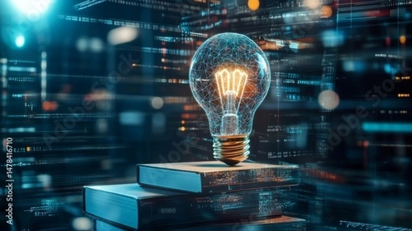 Fototapeta Educational concept: cap and light bulb on books, futuristic icons of learning and innovation in classroom setting generative ai