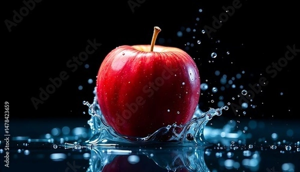 Fototapeta A vibrant red apple creates a dynamic splash in water against a dark background a captivating display of freshness and energy perfect for food blogs websites and advertising