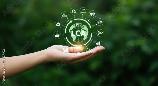 Obraz LCA: Sustainable Life Cycle Assessment, Eco-Friendly Choices for a Greener Future. Carbon Footprint Reduction, Circular Economy, and Environmental Impact