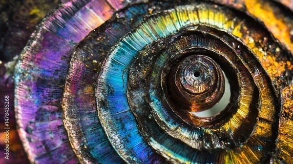 Obraz Macro photograph showcasing a metallic spiral structure with iridescent color