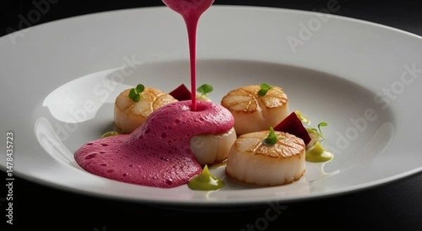 Fototapeta Scallops Being Plated with Beet Foam and Green Puree on Plate