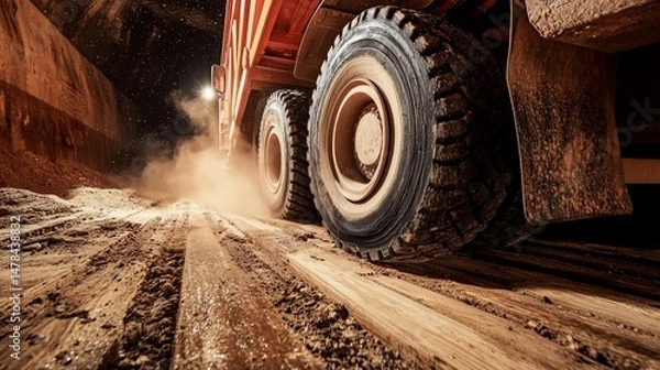 Obraz Heavy Duty Mining Truck in Action, Transporting Materials on a Dirt Road