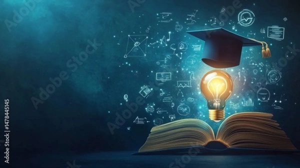 Fototapeta Knowledge and innovation idea, light bulb on book wearing graduation cap, digital math and science icons floating generative ai