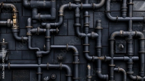 Fototapeta Intricate network of black pipes creating abstract industrial art installation