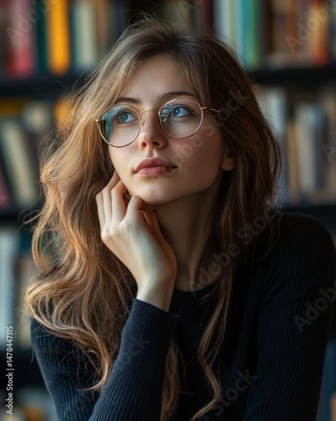 Obraz woman cupping chin with hand thoughtful pose library background medium shot
