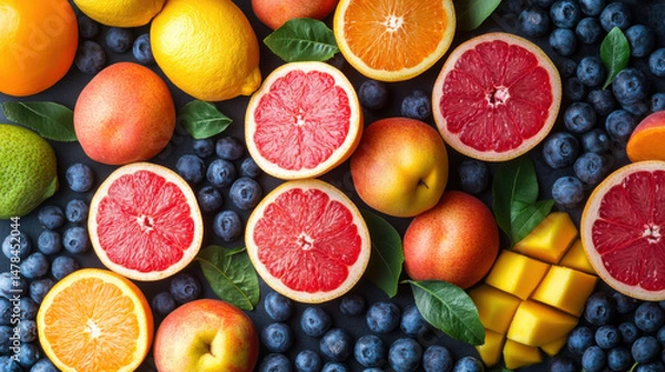 Obraz top view Fruits background healthy eating, dieting concept