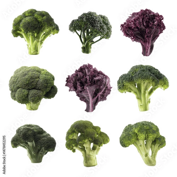 Fototapeta Assortment of Fresh Broccoli and Red Leaf Lettuce Heads Isolated on White Transparent background