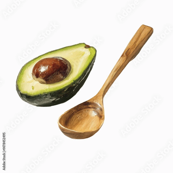 Fototapeta Half an Avocado with Wooden Spoon - Healthy Fats and Cooking Concept