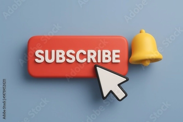 Fototapeta Mouse cursor clicking subscribe button and notification bell on blue background