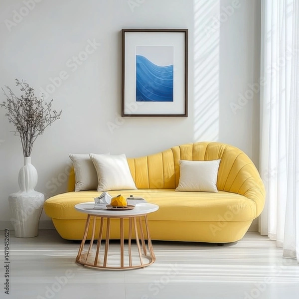 Obraz Yellow curved sofa and accent table with poster frame. Scandinavian, minimalist interior design living room