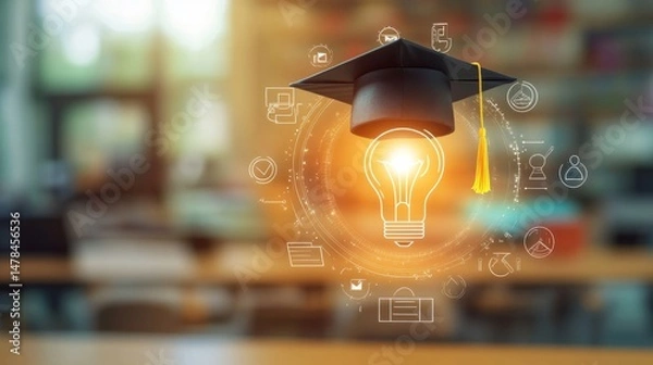 Fototapeta Smart education symbol, graduation cap with glowing light bulb and technology icons around it in a blurred classroom generative ai