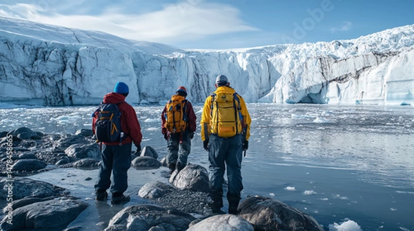 Obraz Three explorers in cold-weather gear walk over rocky terrain toward a massive icy glacier, surrounded by floating ice and frigid water.
