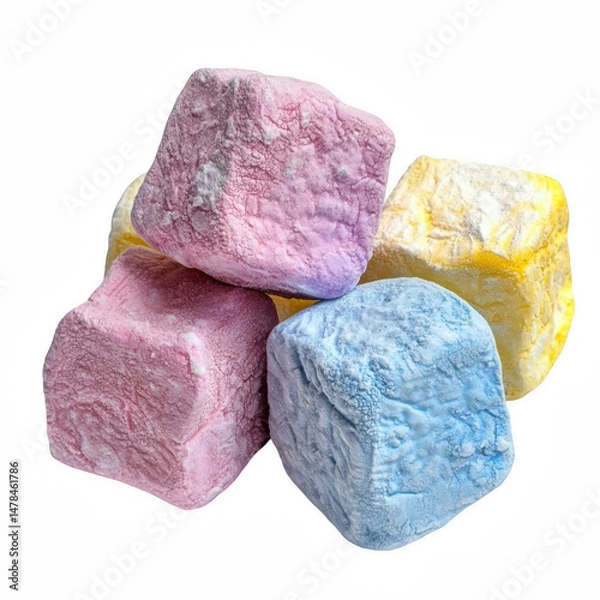 Fototapeta Colorful Assorted Ice Cubes in Pink Blue Yellow and Purple Piled Together with a Shiny Texture on a Transparent Background