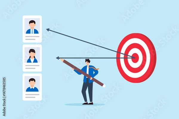 Fototapeta Flat illustration of human resource manager aiming arrows from candidate profiles toward target board to represent job interview selection and recruitment focus