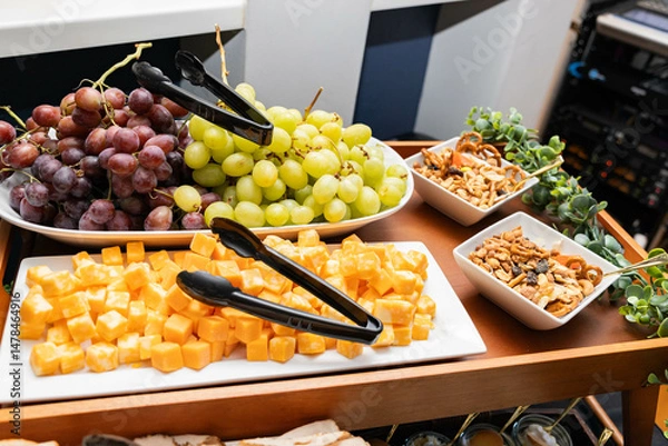 Obraz Grapes, cheese and snacks