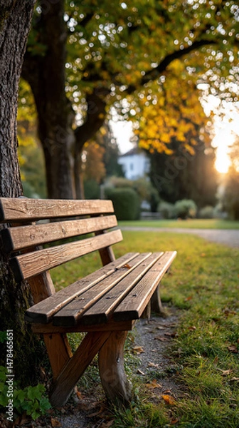 Obraz Rustic bench under autumn trees catches sunset