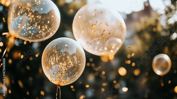 Fototapeta Transparent helium balloons and gold shimmer confetti filling the air at graduation generative ai