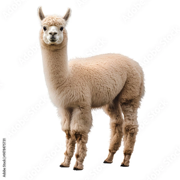 Fototapeta Cute Standing Alpaca with Fluffy Wool on Transparent Background