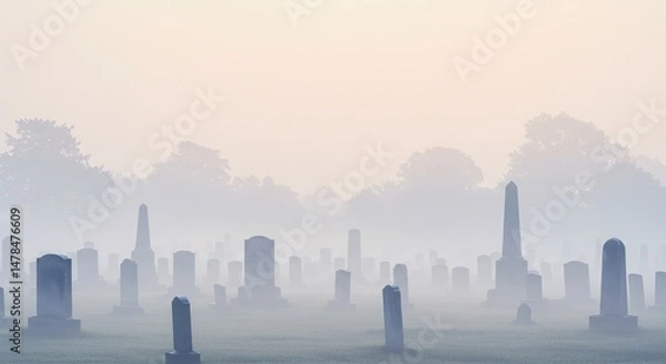 Fototapeta Dense fog blankets a solemn cemetery at dusk, obscuring all but the silhouettes of weathered headstones and distant trees against pale, fading light.