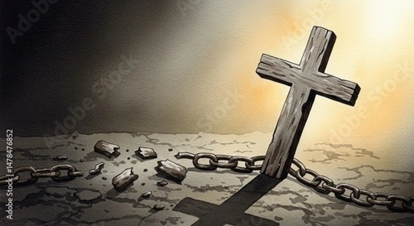 Fototapeta A weathered wooden cross stands beside broken chain, symbolizing the triumph of faith over confinement and breaking barriers.religion mood