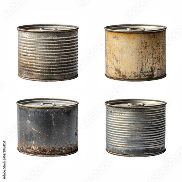 Fototapeta Rusty Vintage Metal Cans Collection on Transparent Background in Various States of Degradation and Texture