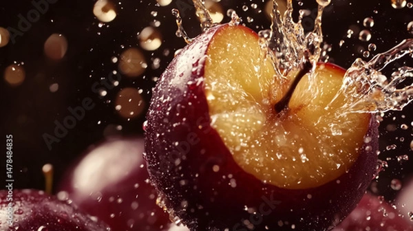 Fototapeta A plum bursts in slow motion, sending juice and pulp flying in all directions.