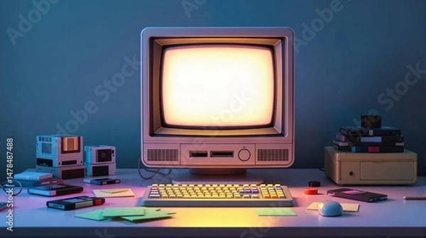 Fototapeta Retro computer setup with a CRT monitor on a desk, surrounded by plants and office items, against a pink background. Nostalgic 80s/90s tech workspace.