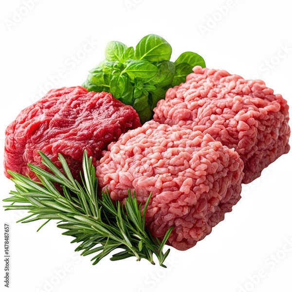 Fototapeta Three Types of Raw Ground Beef Minced Meat with Fresh Herbs on a Transparent Background