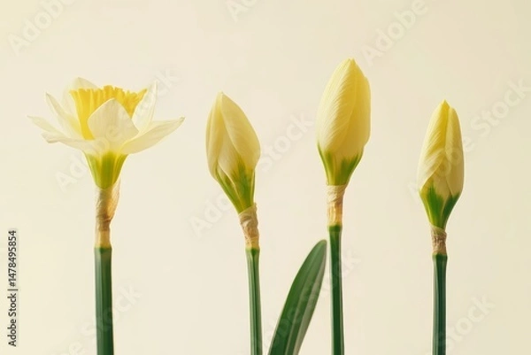 Fototapeta Time-lapse progression of daffodil bud from closed bulb to full bloom, minimalist design, high detail, professional lighting, soft shadows, clean composition, white background.