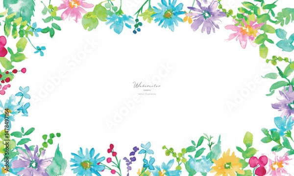 Obraz 水彩画。水彩タッチのカラフルな春の花びらフレーム。色鮮やかな花のベクターイラスト。Watercolor. Colorful spring petals frame with watercolor touch. Vector illustration of colorful flowers.