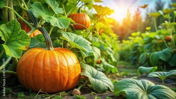 Obraz A pumpkin plant growing amidst lush green leaves and vines in a garden, with several orange pumpkins ripe for harvest