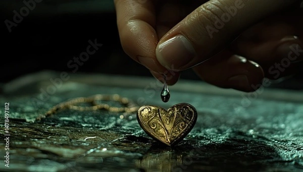 Fototapeta Heart locket with droplet falling, and dark.