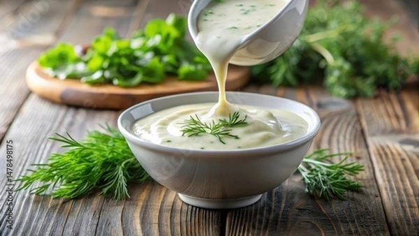 Obraz Creamy dill sauce being poured into a serving bowl ,garlic sauce,  garlic sauce