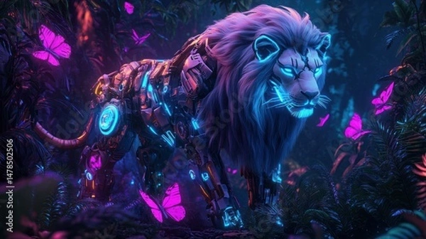 Fototapeta Cybernetic Lion in a Neon Jungle: A Futuristic Fantasy