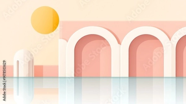 Fototapeta Minimalist Pastel Pink Architectural Arches Reflected in Calm Water