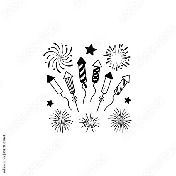 Fototapeta Black Silhouette Of Celebration Fireworks Display On White Background Festive Holiday Vector Illustration Party Celebration Element
