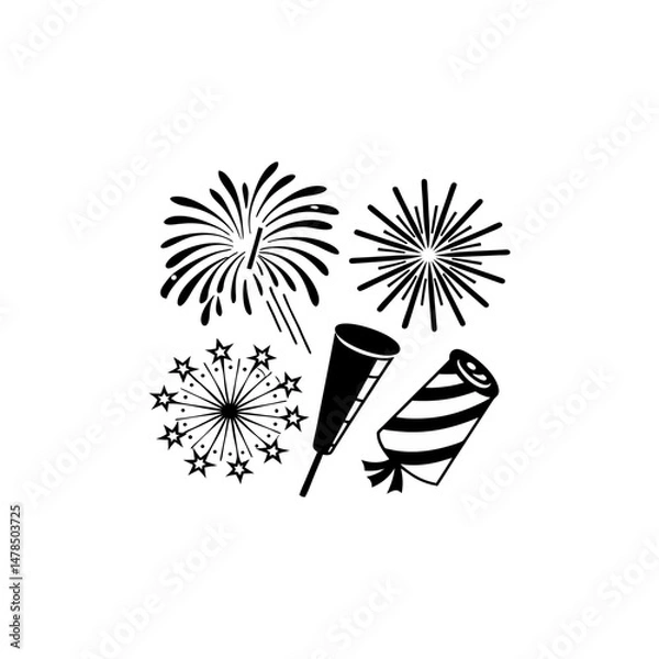 Fototapeta Black Silhouette Of Celebration Fireworks Display On White Background Festive Holiday Vector Illustration Party Celebration Element
