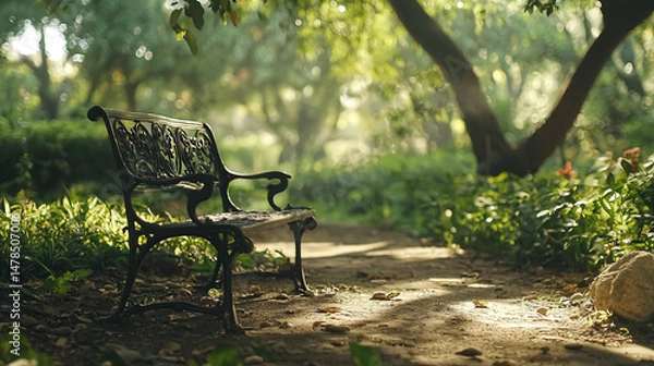 Fototapeta A vintage wrought iron bench is located in a lush green park, with sunlight filtering through the trees.