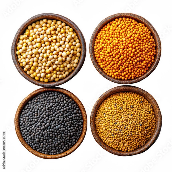 Fototapeta Assorted Mustard Seeds in Rustic Bowls on Black Background Featuring Black Yellow Brown and White Variants