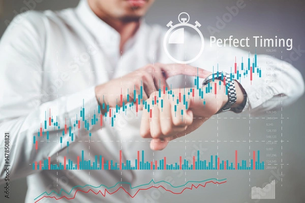 Fototapeta Businessman in white suit looking at watch. It's the right time to do business. The graph is going up..