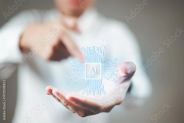 Fototapeta businessman in a white suit is holding a Ai in his hand and pointing. Artificial Intelligence. Using command prompt for generates something. Futuristic technology transformation.