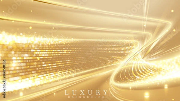 Fototapeta Luxury golden stage backdrop design with disco light and bokeh effect decoration, award ceremony background idea and premium product promotion.