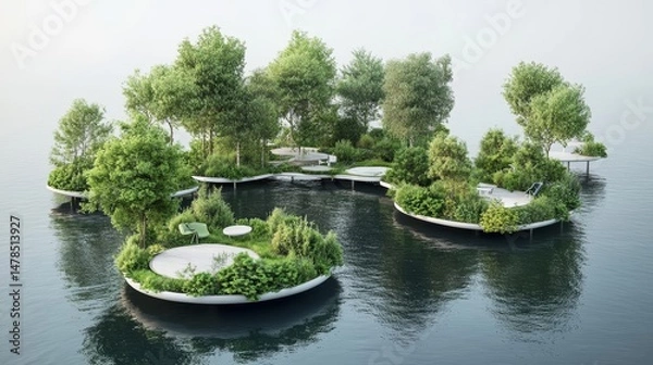 Obraz Floating Gardens Surrounded by Calm Water in a Serene Landscape
