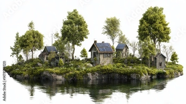 Obraz Serene Isolated Village with Solar-Powered Homes and Lush Nature