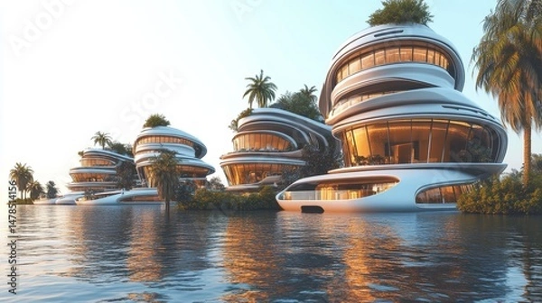 Obraz Modern Futuristic Architecture on Water Surrounded by Lush Greenery