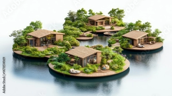 Obraz Modern Floating Houses Surrounded by Lush Greenery and Water