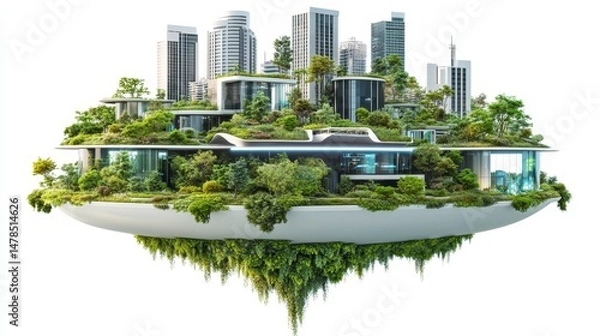 Obraz Futuristic Urban Landscape with Floating Green Spaces and Skyscrapers