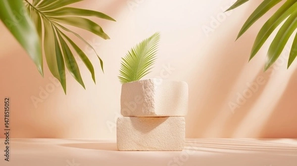 Obraz Minimalist Arrangement of Green Leaf with Natural Stone Blocks