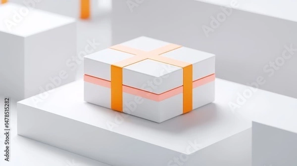 Obraz Elegant White Gift Box with Orange Ribbon on Minimalist Display